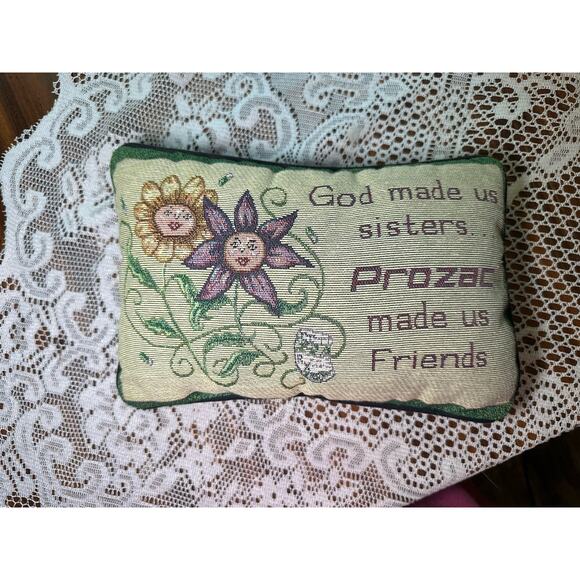 Vintage God Made Us Sisters Prozac Made Us Throw Pillow 90s Embroidery Gift - Picture 1 of 8